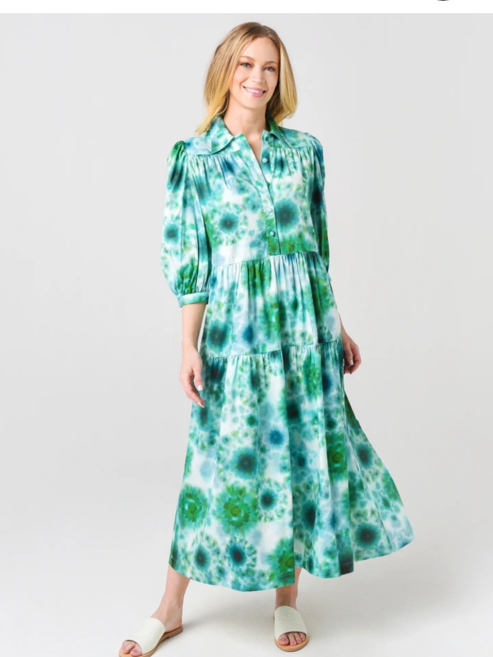 HUNTER BELL Green & Teal Tie-Dye Maxi Shirt Dress